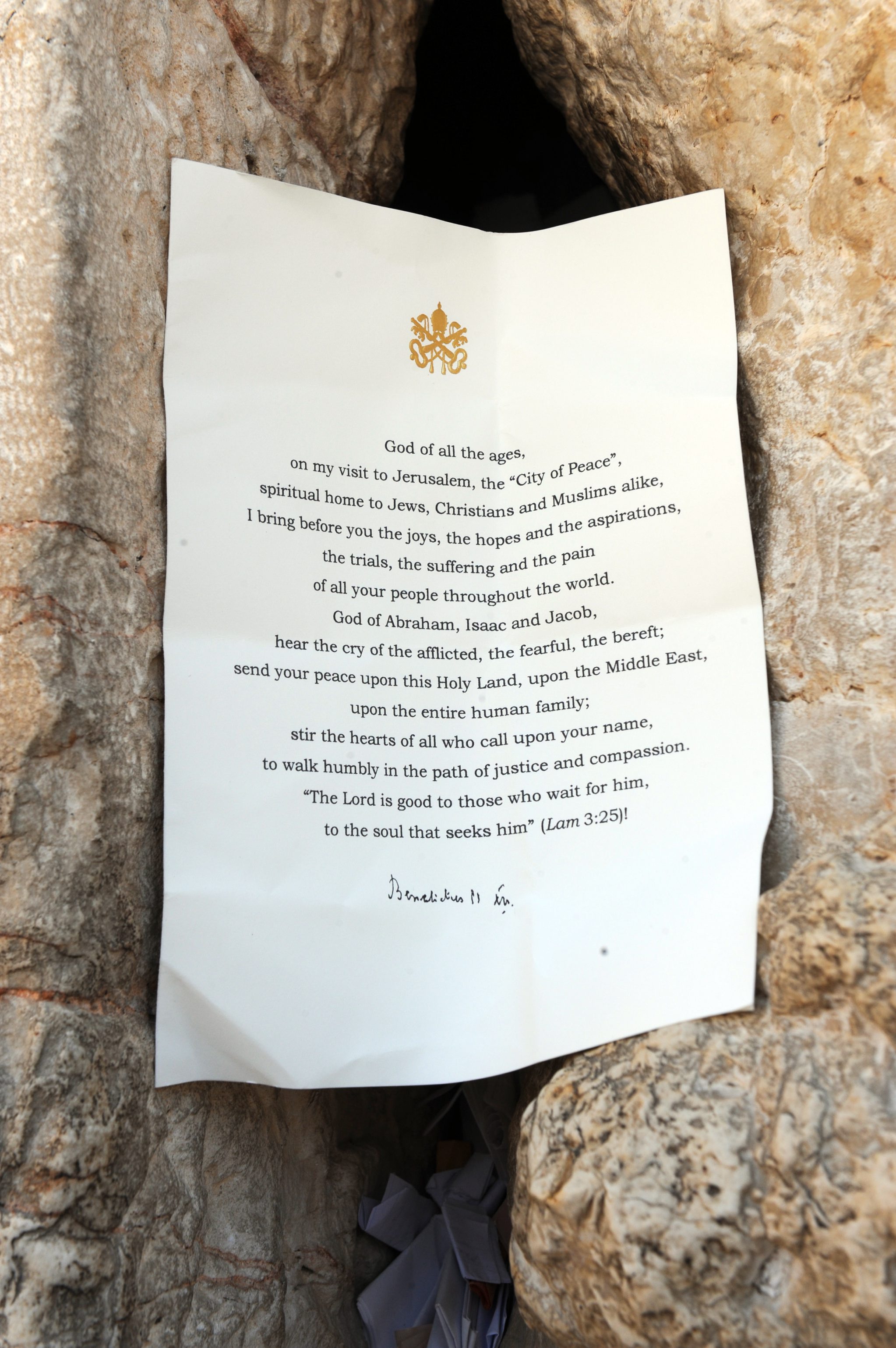 Pope Benedict XVI's prayer note placed in the Western Wall — addressed to God of all peoples